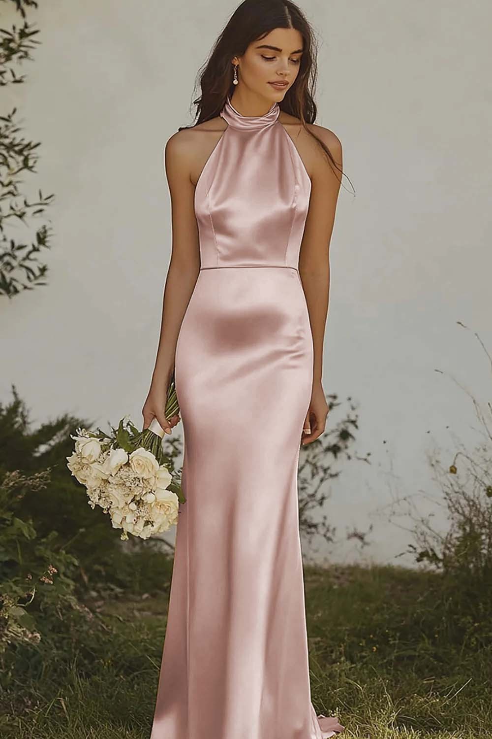 Elegant Light Yellow Sheath Halter Long Satin Bridesmaid Dress
