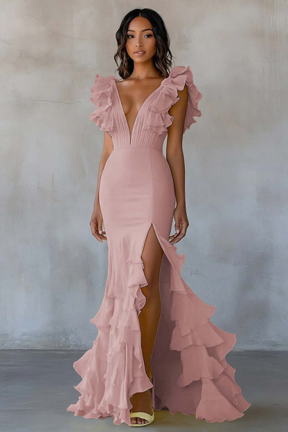 Yellow Chiffon V Neck Mermaid Ruffled Maxi Formal Dress with Slit