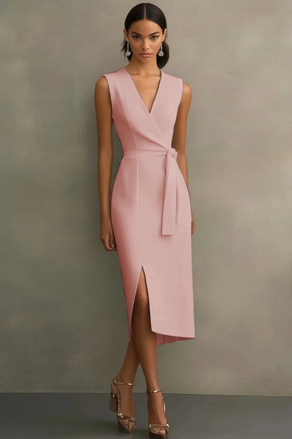 White Sheath V-Neck Tea Length Semi Formal Dress with Sash