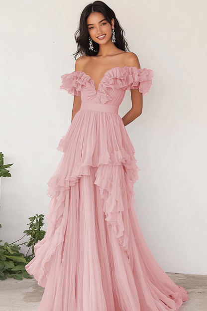 Lilac Chiffon Off the Shoulder A Line Long Prom Dress with Ruffles