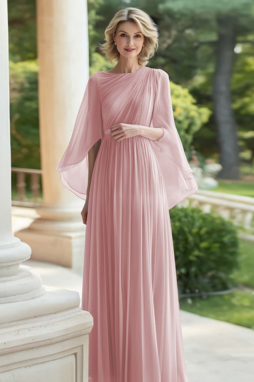 Chiffon Lilac Pleated Long Mother of the Bride Dress with Cape