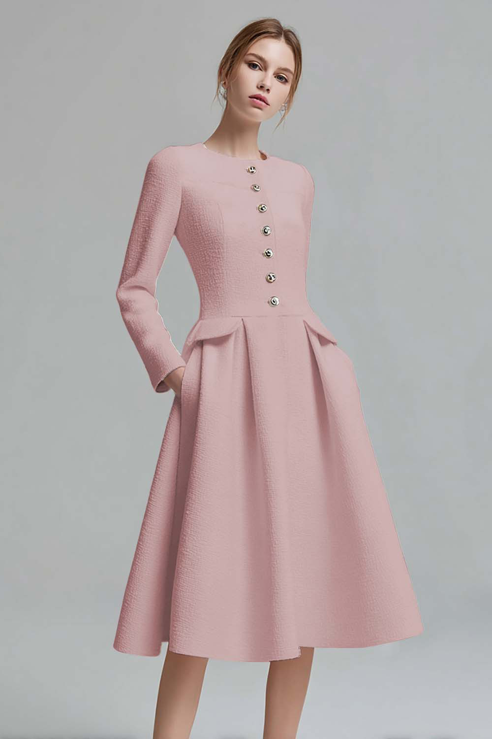 Tweed Ivory Long Sleeves A Line Midi Pageant Interview Dress with Pockets