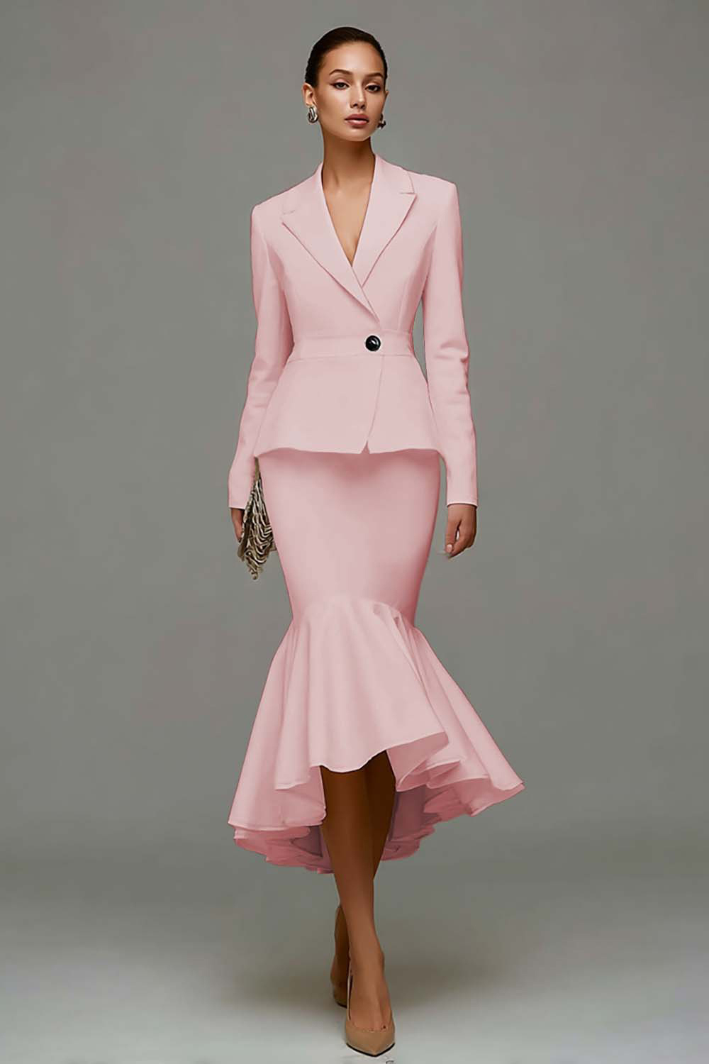 Ivory Satin Notched Lapel 2 Piece Mermaid Midi Business Suits with Ruffles