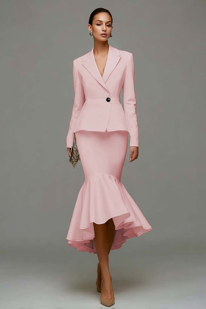 Ivory Satin Notched Lapel 2 Piece Mermaid Midi Business Suits with Ruffles