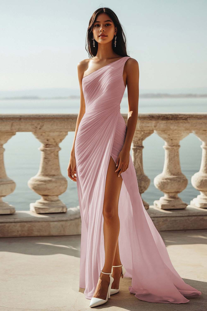 Ivory Chiffon One Shoulder Ruched Beach Maxi Engagement Dress with Slit
