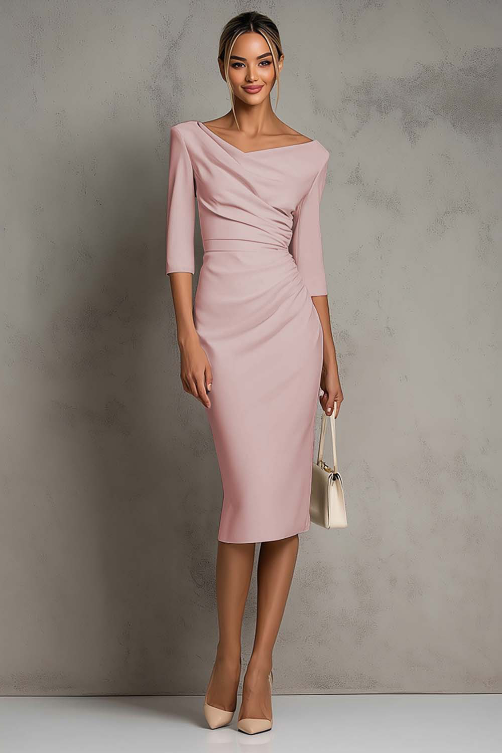 Simple Ivory Ruched Pencil Midi Work Dress with Slit