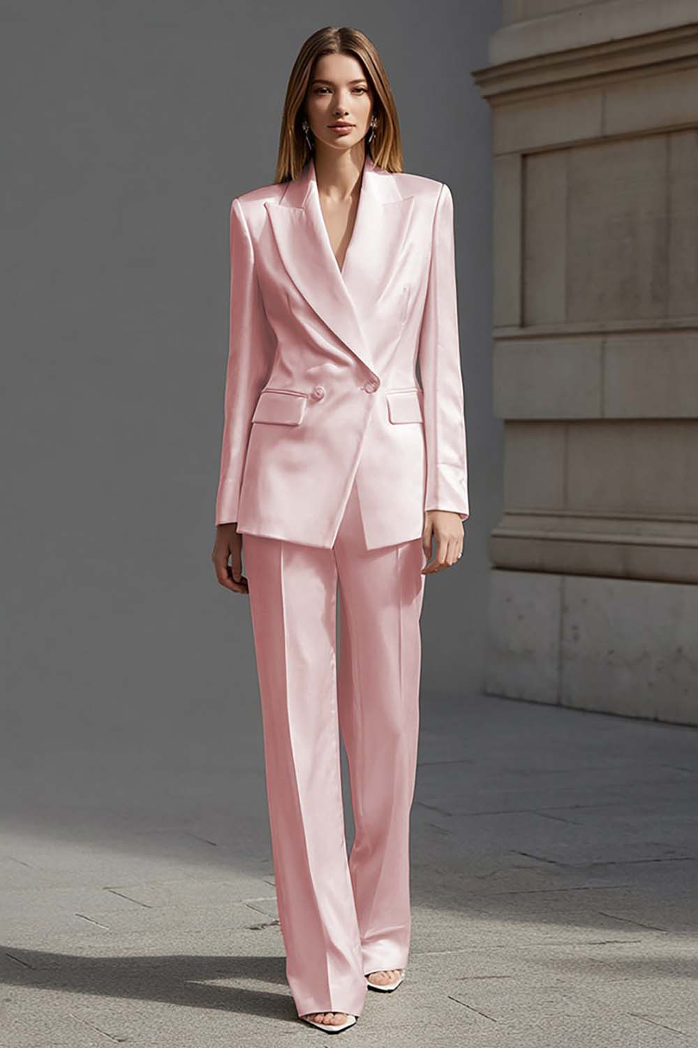 Ivory Peak Lapel Double Breasted Satin 2 Piece Business Suits