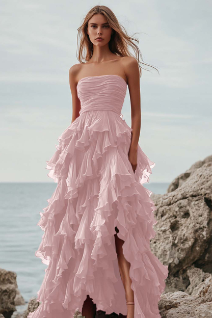 Fuchsia Tulle Strapless A Line Ruffled Long Formal Dress with Slit