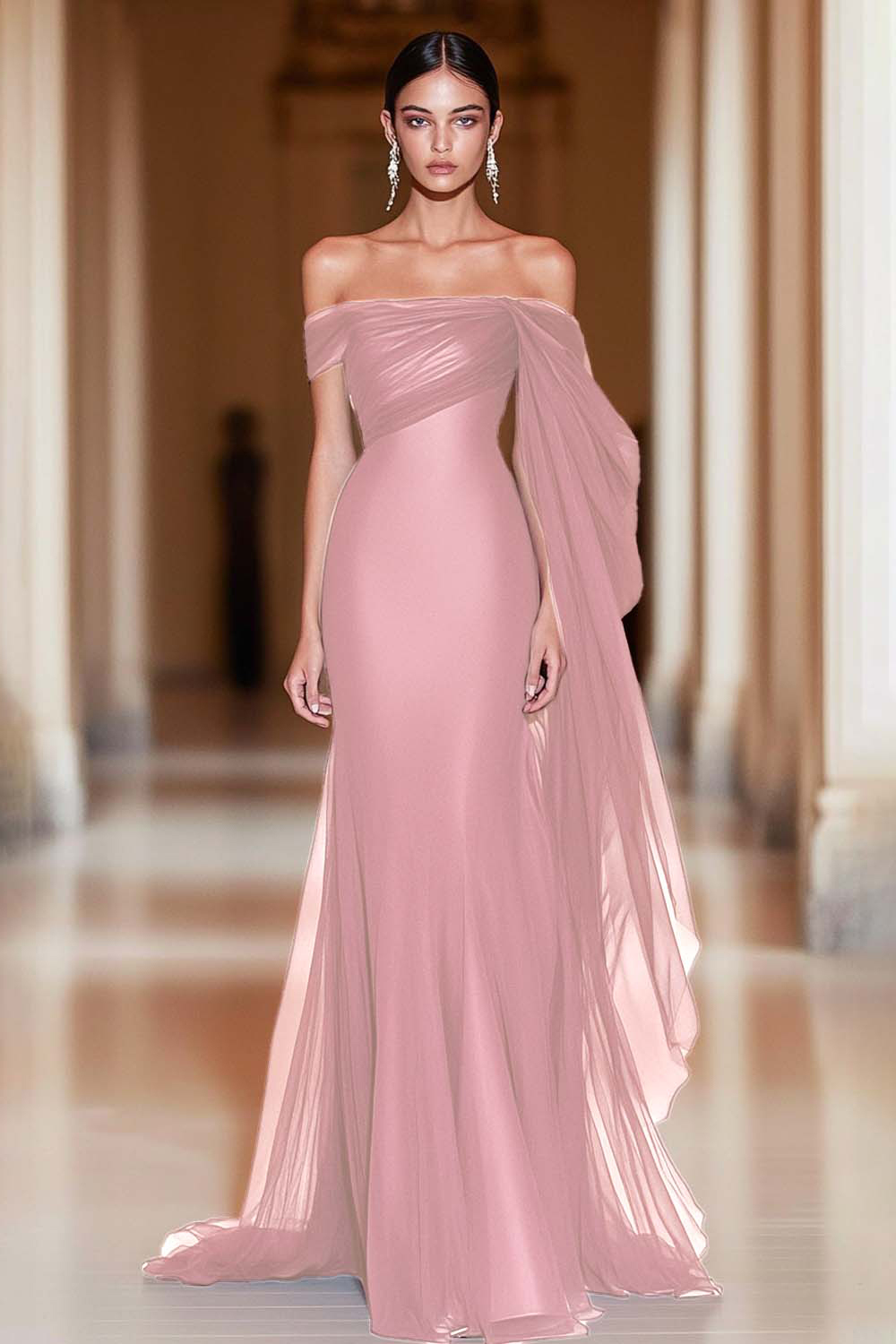 Cabernet Off the Shoulder Sheath Maxi Formal Dress with Ruffles