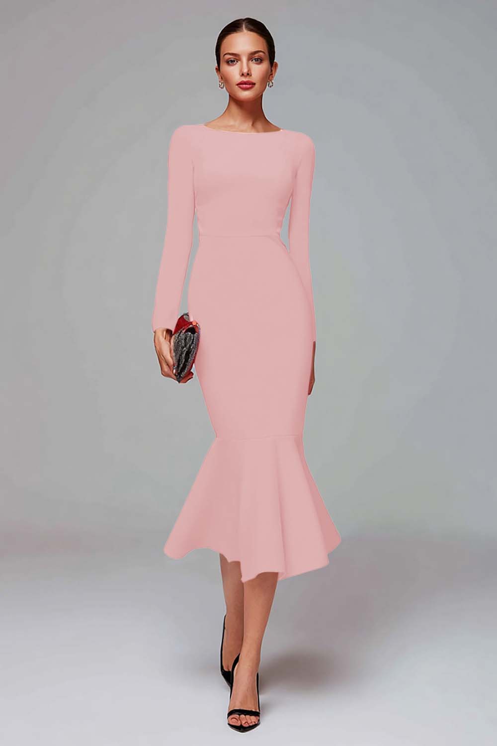 Elegant Midi Red Mermaid Long Sleeves Work Dress