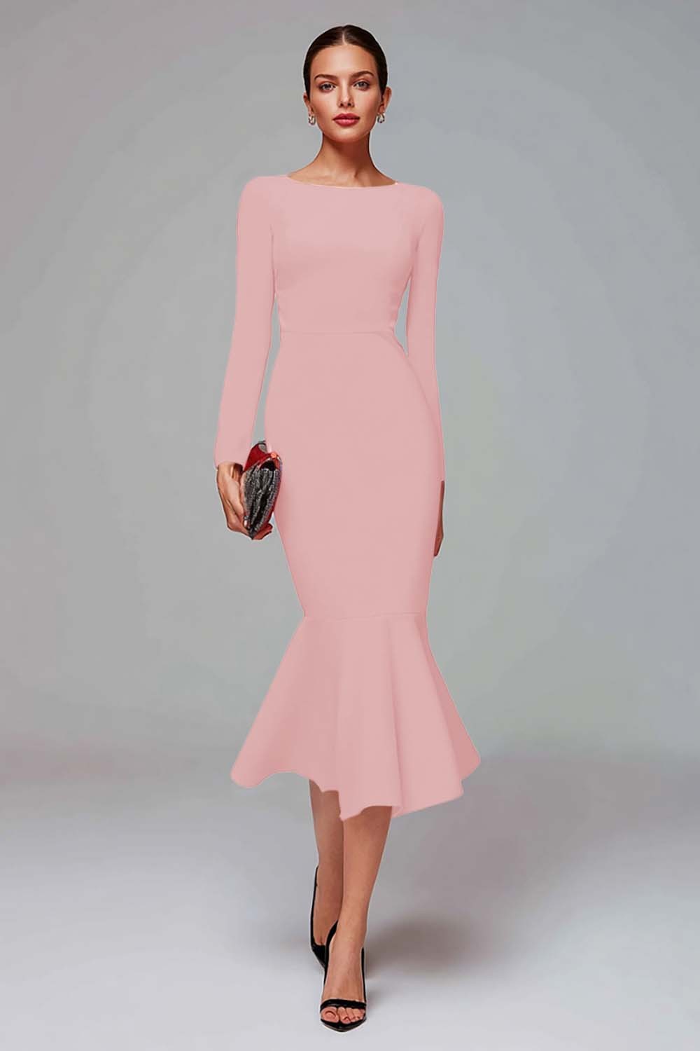 Elegant Midi Red Mermaid Long Sleeves Work Dress