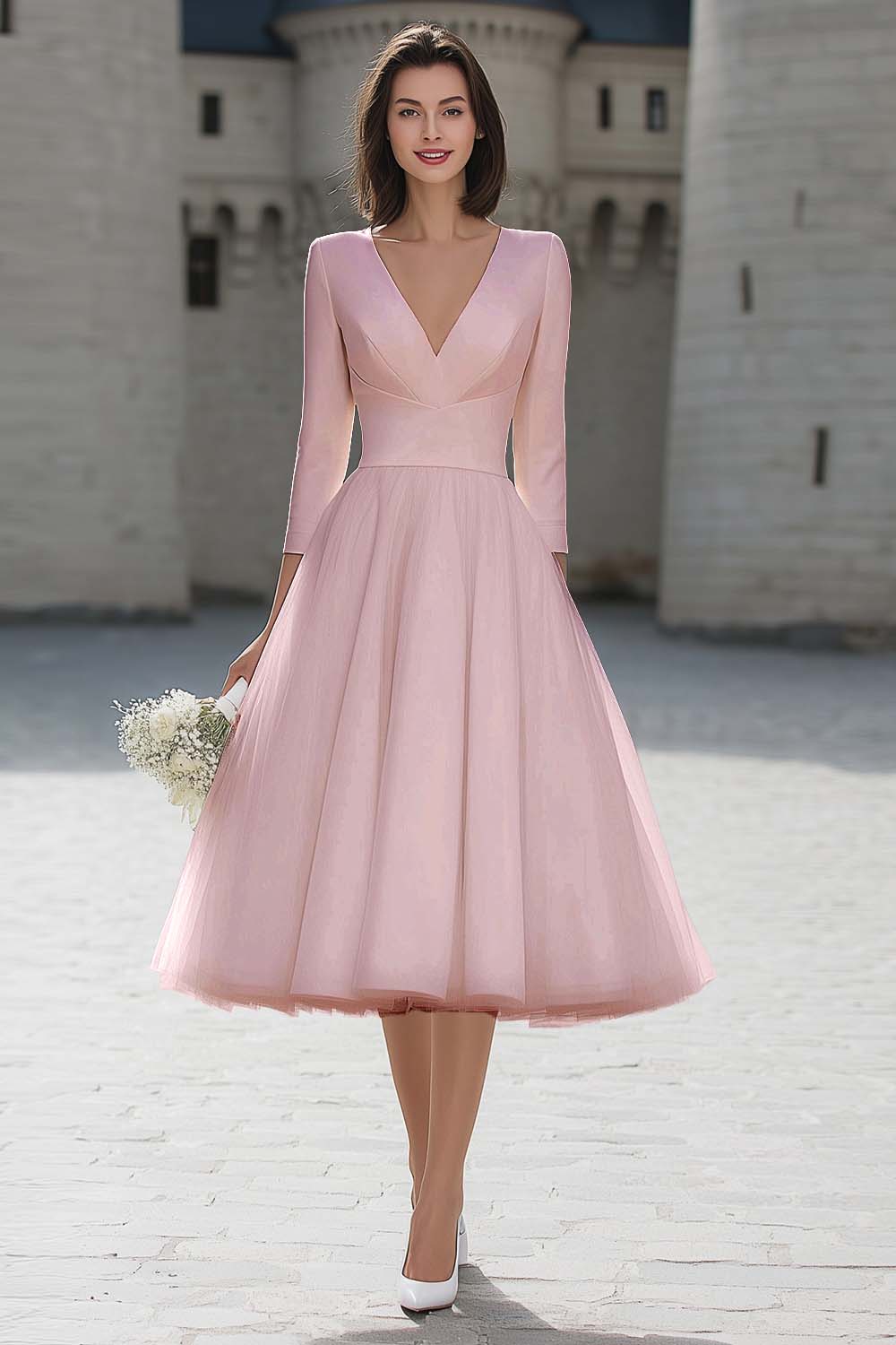 Ivory V-Neck A Line Midi Simple Wedding Dress with Sleeves