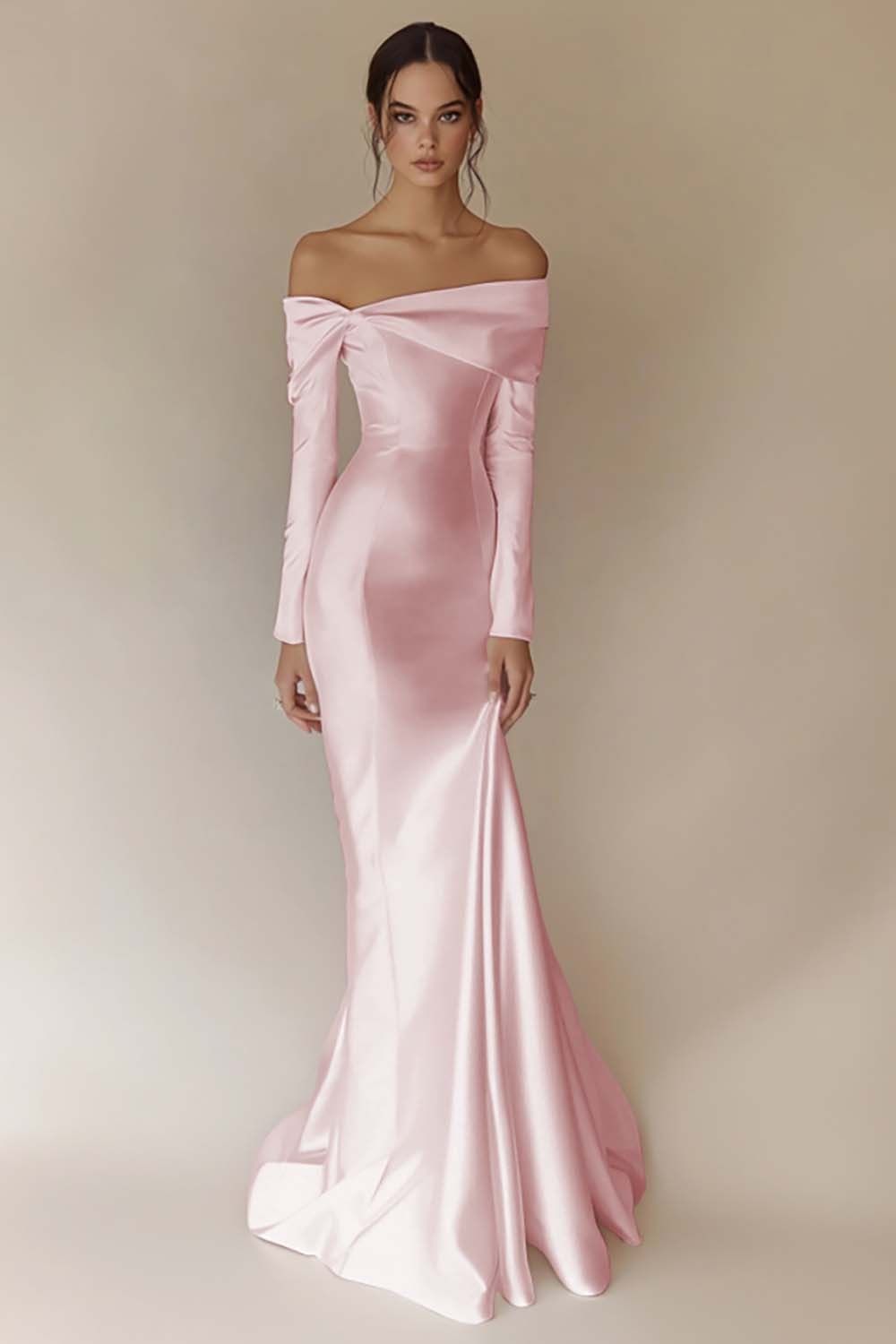 White Satin Off the Shoulder Sheath Maxi Rehearsal Dinner Dress with Sleeves