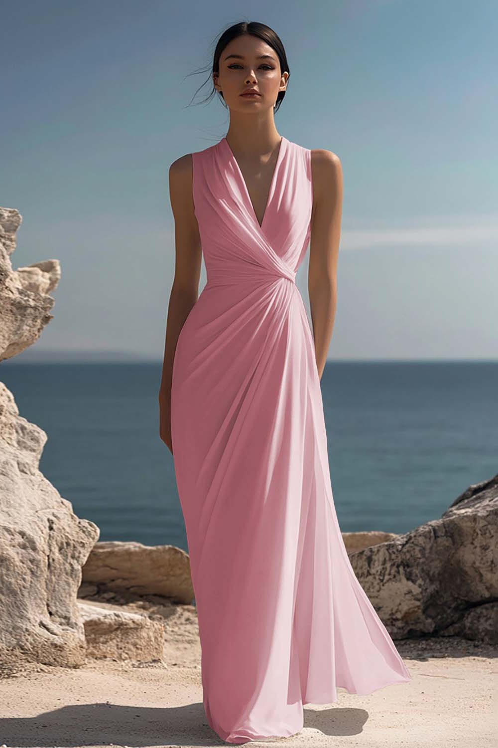 White Chiffon Sheath V-Neck Ruched Maxi Rehearsal Dinner Dress