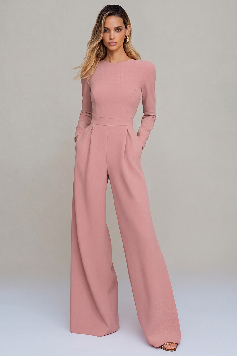 Black Crew Neck Open Back Formal Jumpsuits with Sleeves