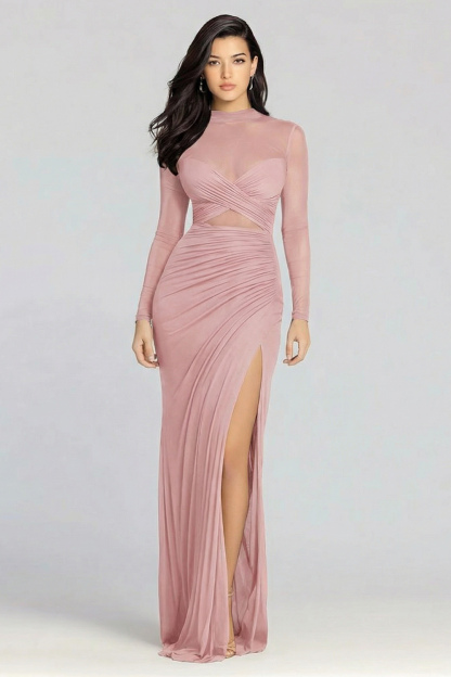 Black Sheath Illusion High Neck Long Sleeves Evening Dress with Slit