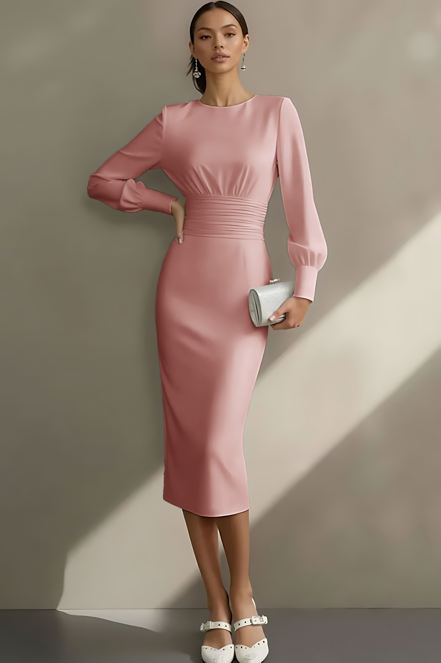 Simple White Sheath Crew Neck Midi Engagement Dress with Sleeves
