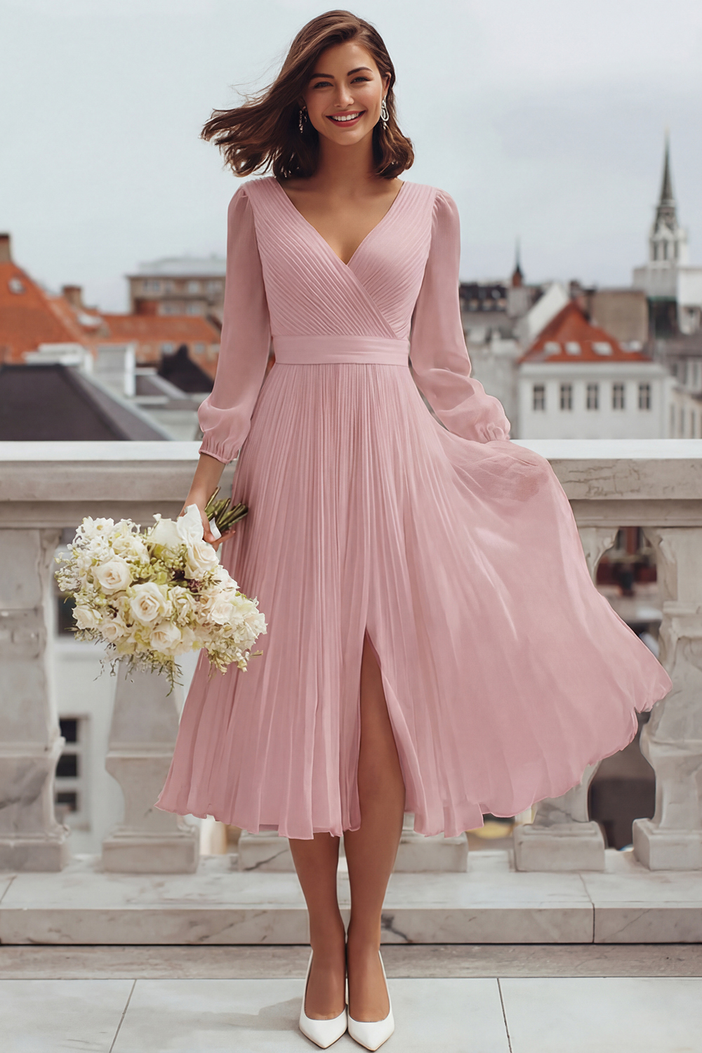 Ivory V-Neck A Line Midi Engagement Dress with Slit