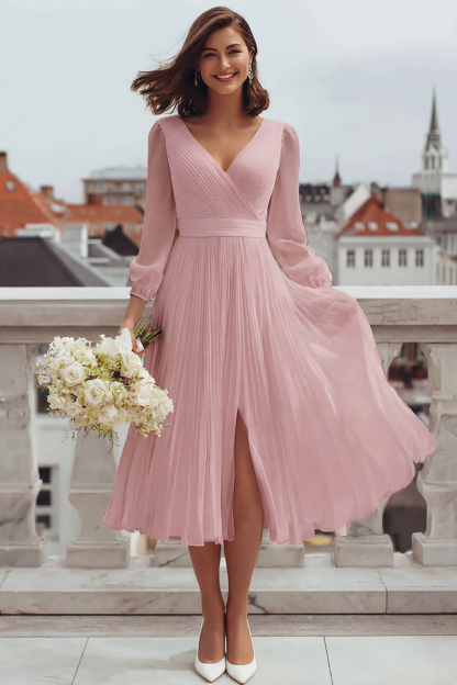 Ivory V-Neck A Line Midi Engagement Dress with Slit