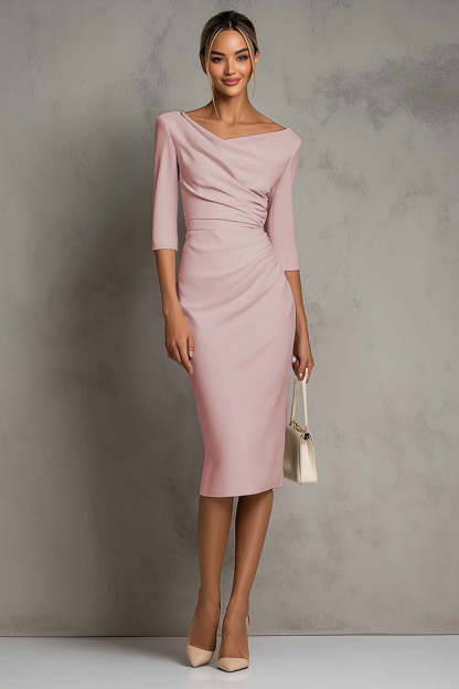 Plus Size Simple Black Ruched Midi Pencil Work Dress with Slit