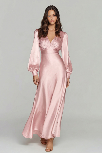 Champagne V-Neck Backless Satin Long Sleeves Evening Dress