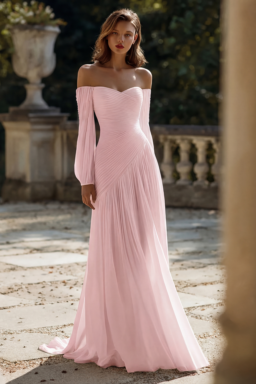 Simple Ivory Chiffon Sweep Train Ruched Wedding Dress with Sleeves