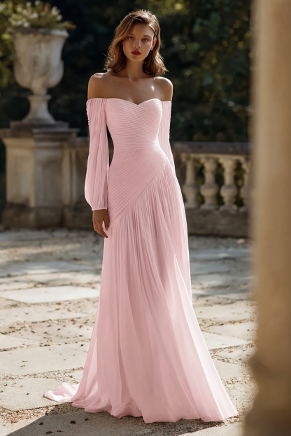 Simple Ivory Chiffon Sweep Train Ruched Wedding Dress with Sleeves