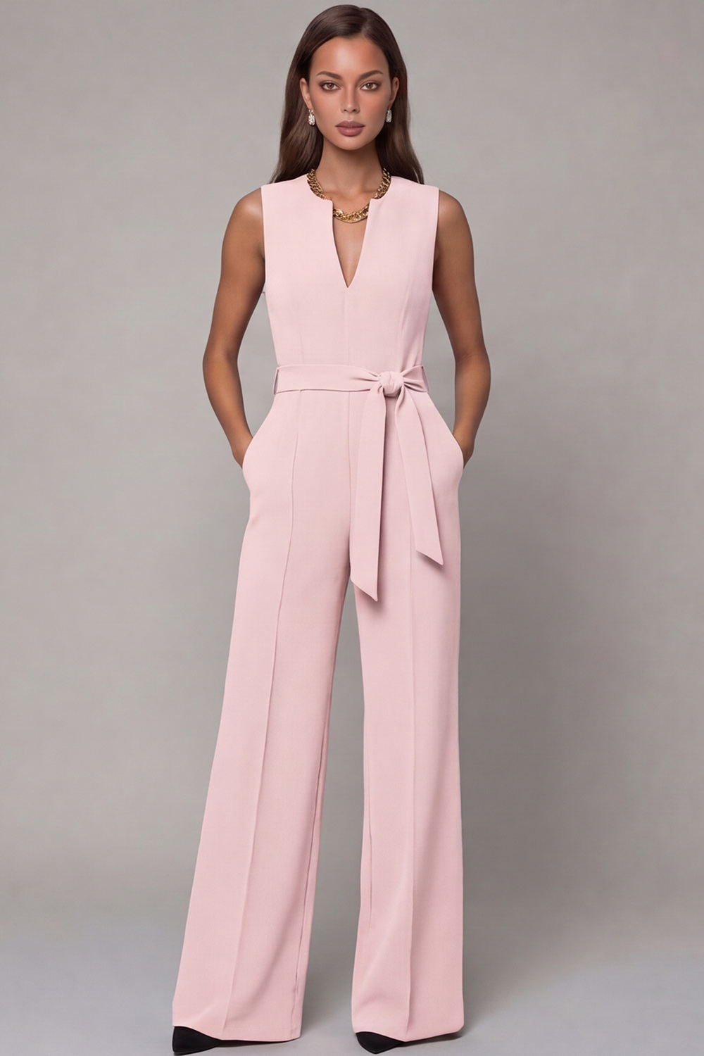 Navy V Neck Sleeveless Long Work Jumpsuit with Pockets