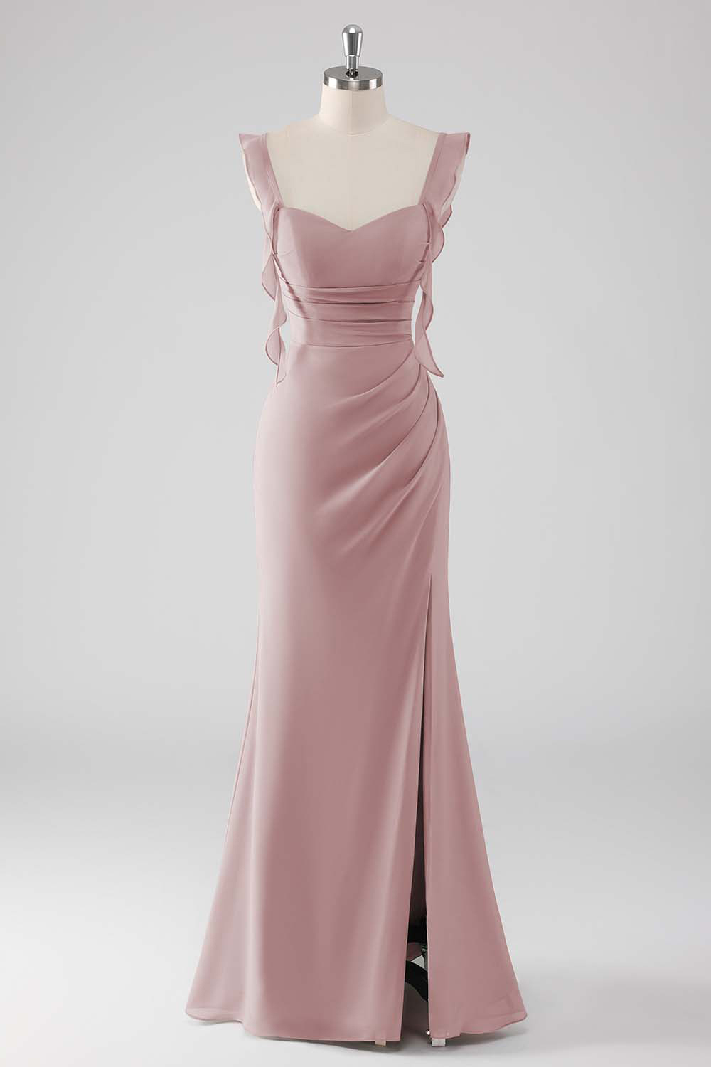 Sage Green Ruffled Sheath Long Bridesmaid Dress with Slit