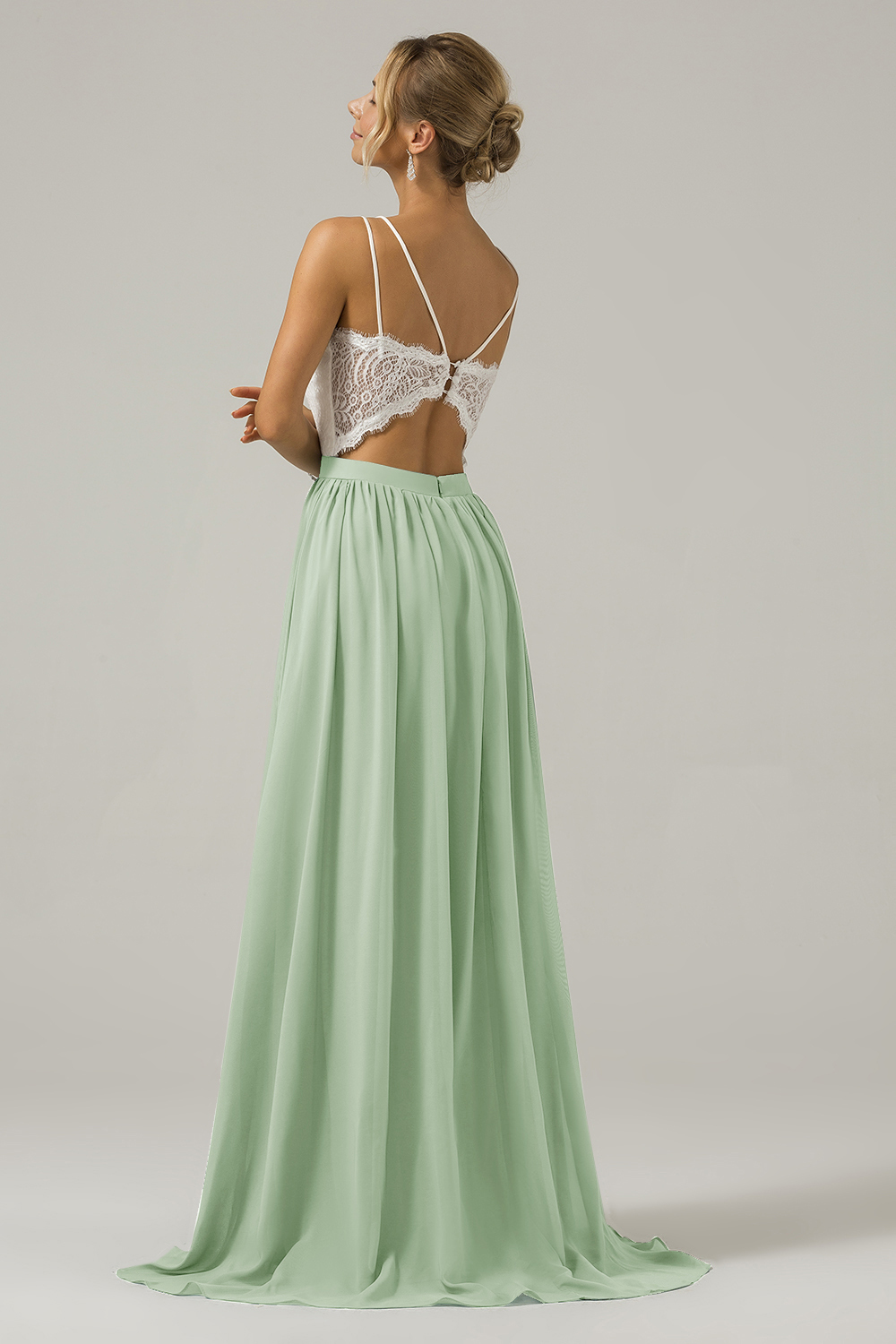 Eucalyptus A-Line Spaghetti Straps Pleated Long Bridesmaid Dress With Lace