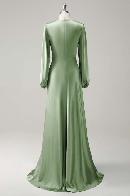 Sage Long Sleeves Satin A-Line Bridesmaid Dress