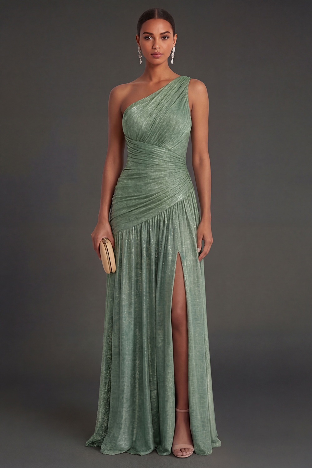 One Shoulder Gold Sheath Ruched Long Formal Dress with Slit