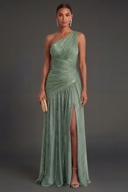 One Shoulder Gold Sheath Ruched Long Formal Dress with Slit