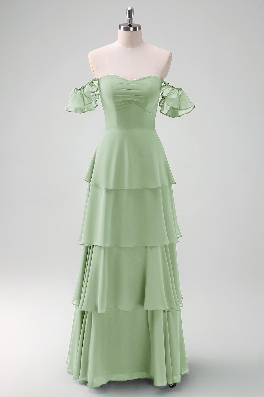 Eucalyptus Off the Shoulder Tiered Chiffon Bridesmaid Dress