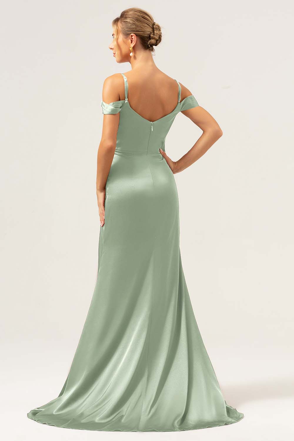 Coffee Cold Shoulder Satin Mermaid Wedding Party Dress with Slit