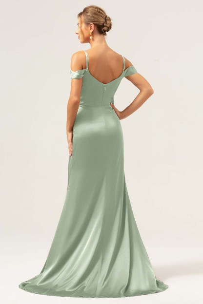 Coffee Cold Shoulder Satin Mermaid Wedding Party Dress with Slit