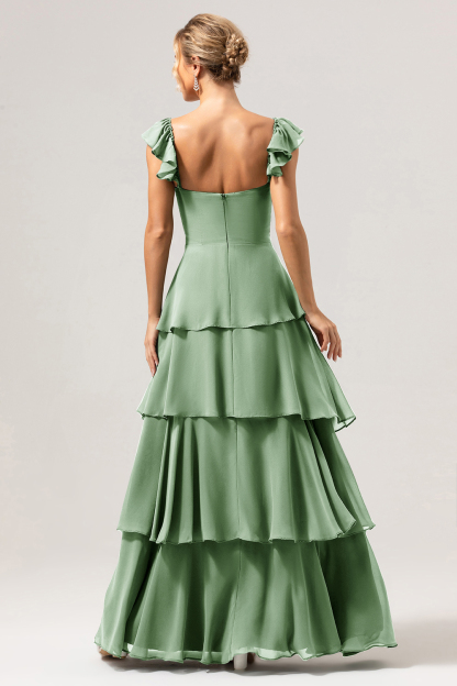 Eucalyptus Off the Shoulder Sweetheart Tiered A-Line Bridesmaid Dress