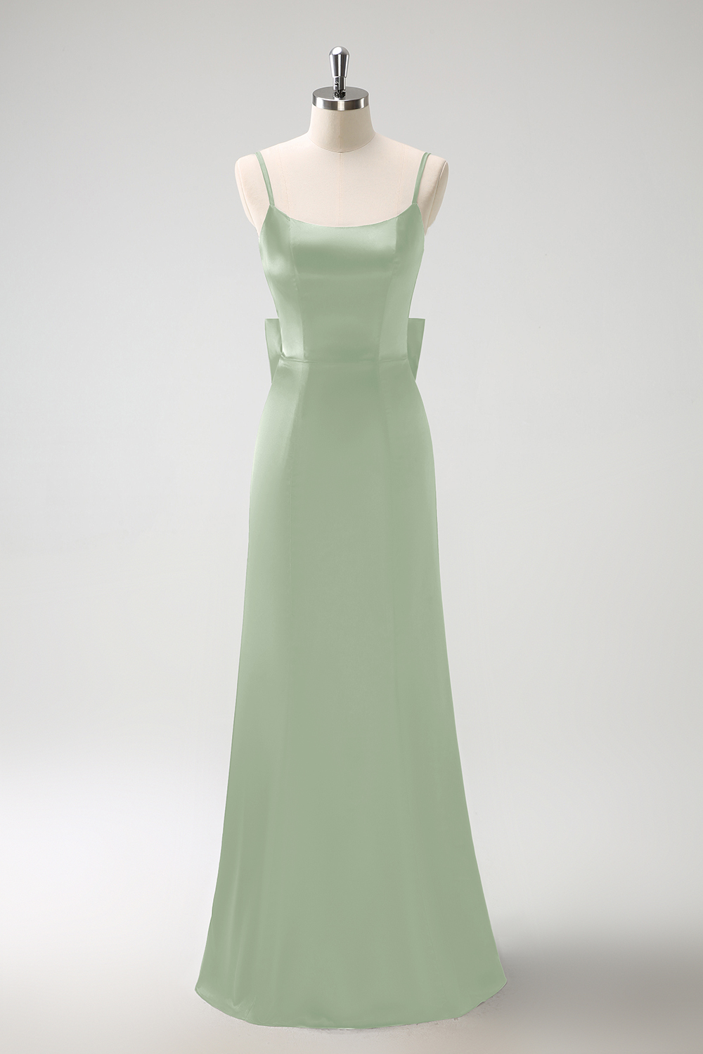 Black Mermaid Spaghetti Straps Ruffed Bow Back Satin Long Bridesmaid Dress