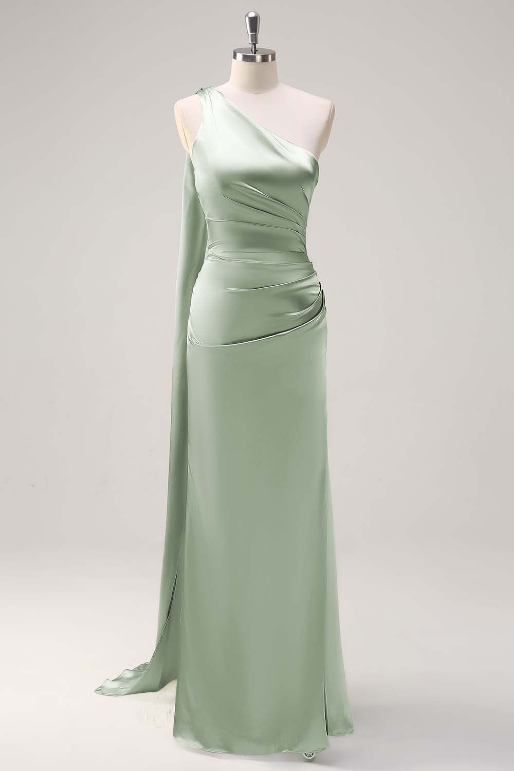 Sage One Shoulder Sheath Satin Watteau Train Bridesmaid Dress