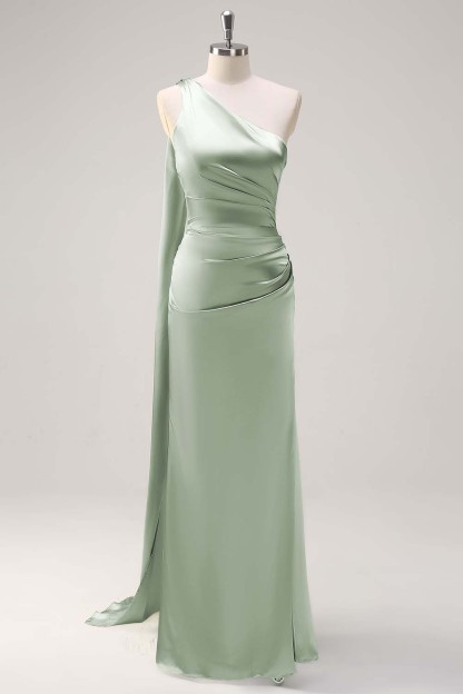 Sage One Shoulder Sheath Satin Watteau Train Bridesmaid Dress