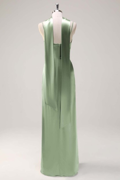 Sage Scoop Neck Sheath Satin Bridesmaid Dress with Ribbon