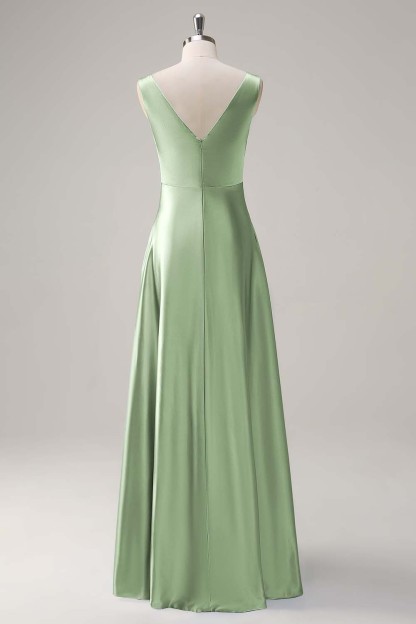 Simple Sky Blue V-Neck Satin A-Line Bridesmaid Dress