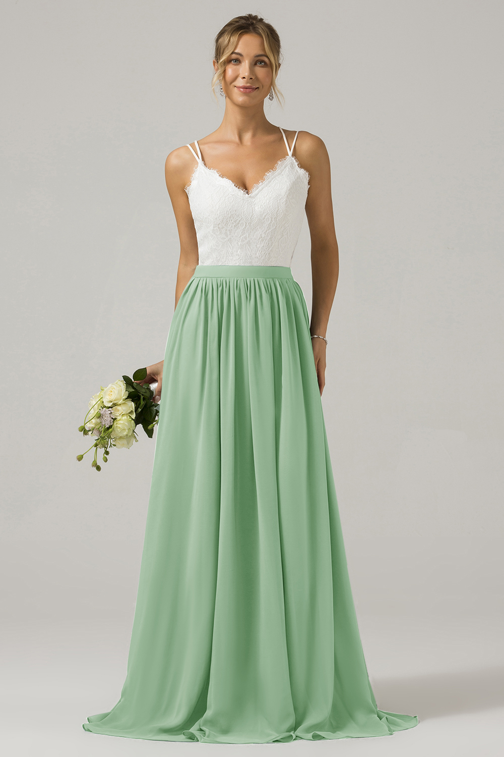 Eucalyptus A-Line Spaghetti Straps Pleated Long Bridesmaid Dress With Lace