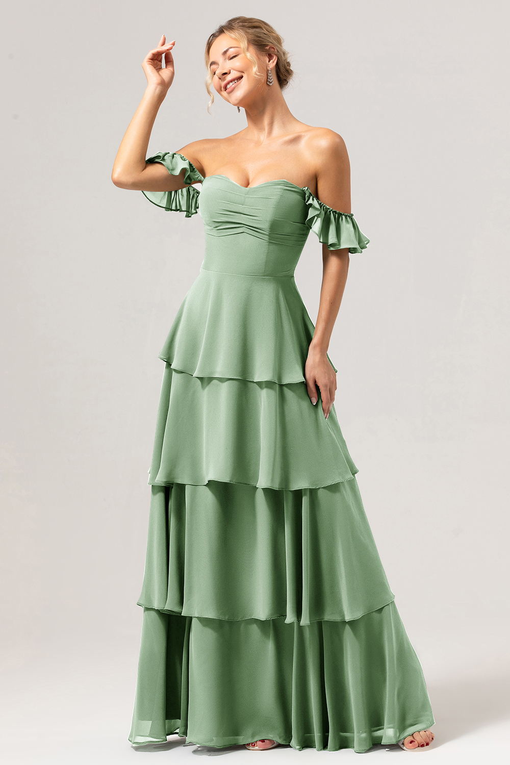 Eucalyptus Off the Shoulder Sweetheart Tiered A-Line Bridesmaid Dress