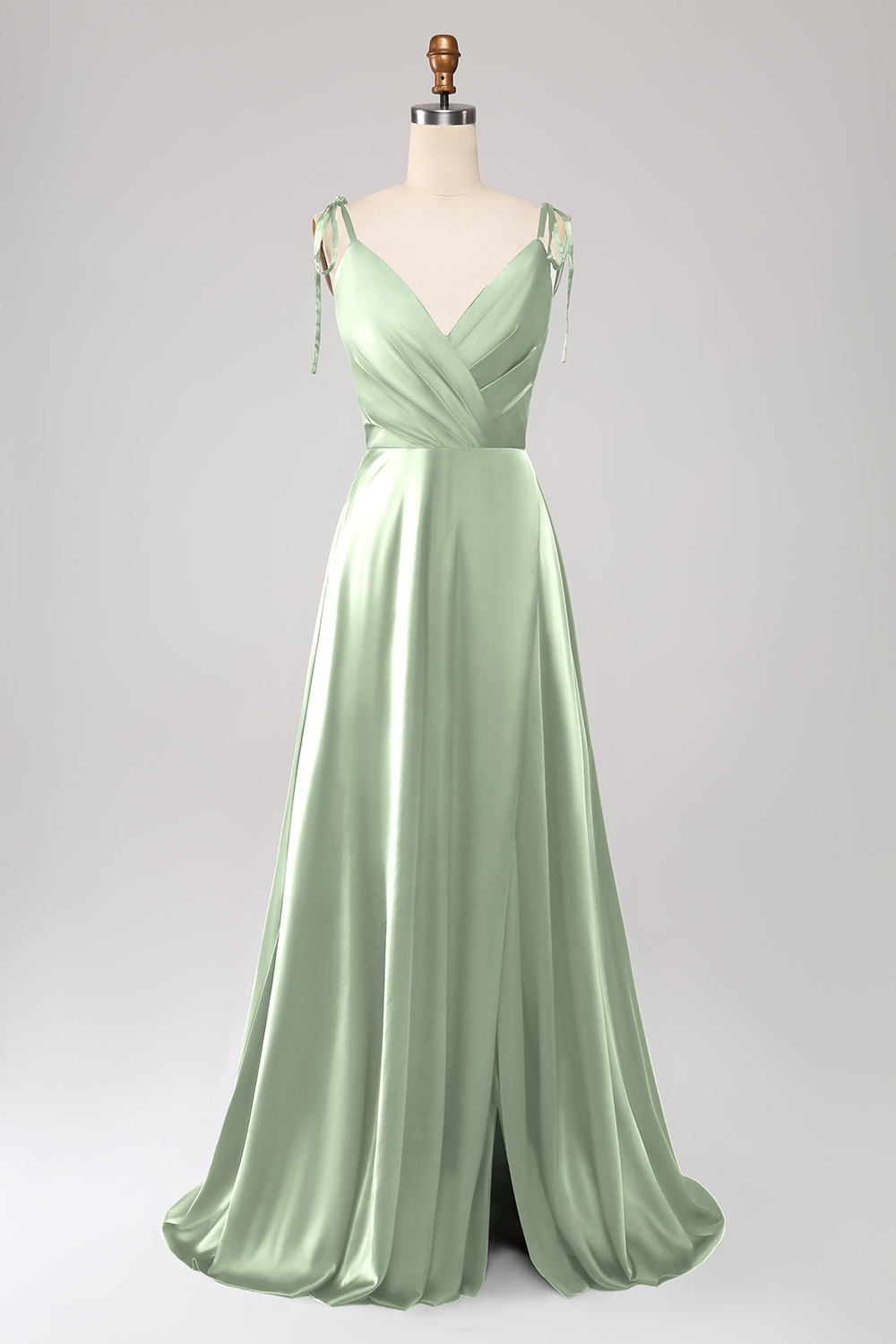 A-Line Dark Green Spaghetti Straps Satin Long Bridesmaid Dress With Slit