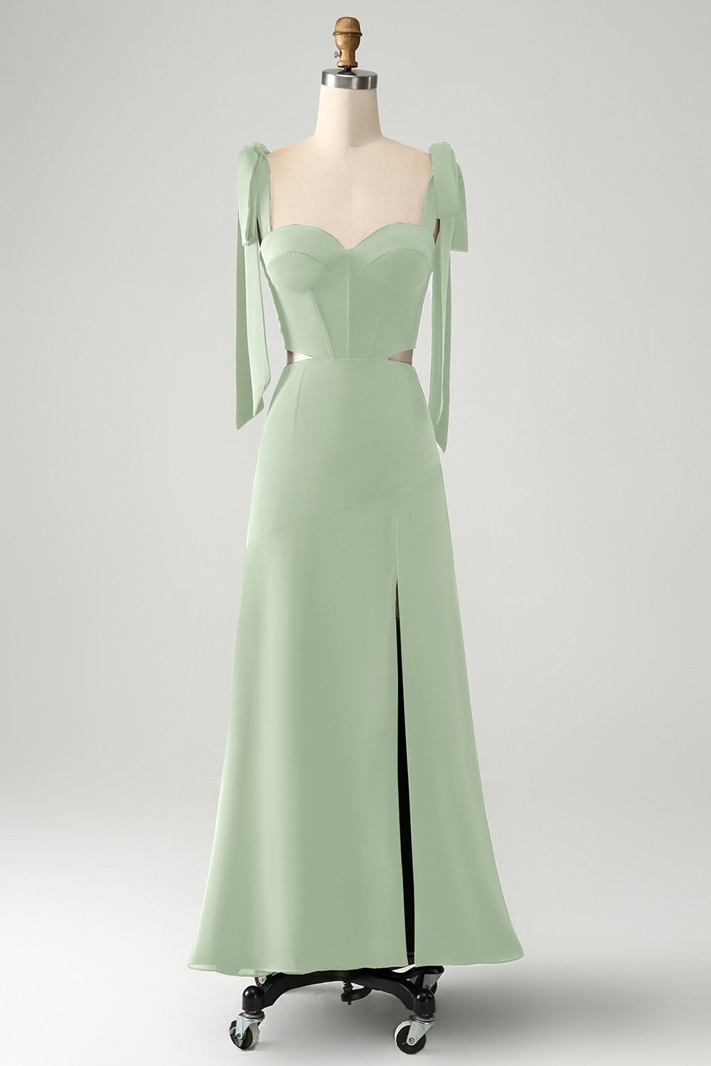 Olive A Line Spaghetti Straps Floor Length Wedding Guest Dress with Slit
