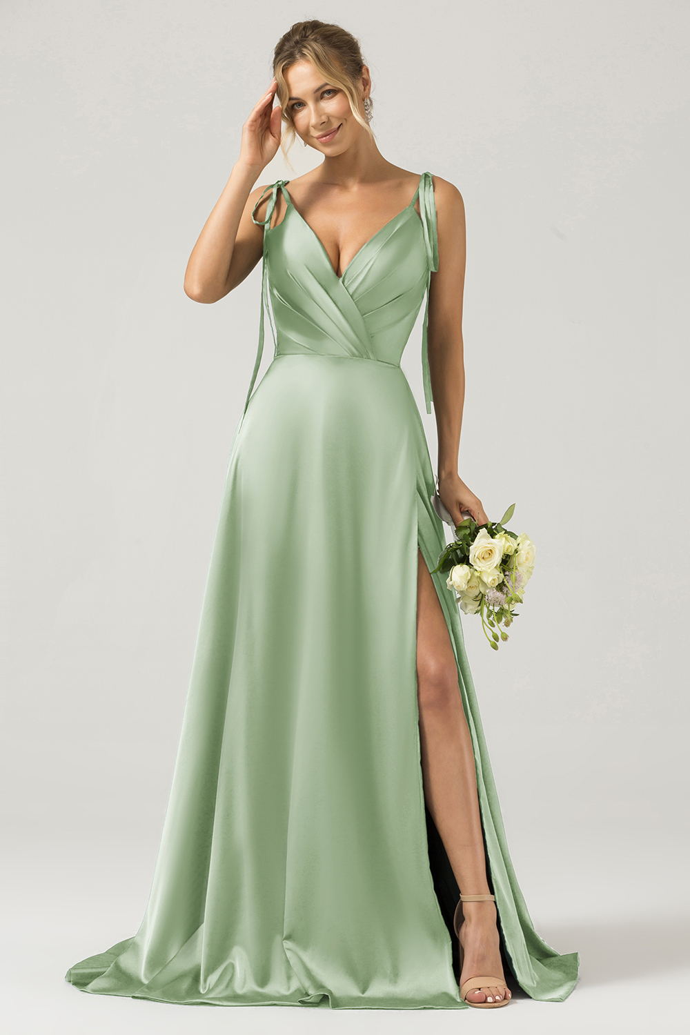 Dark Green A-Line Spaghetti Straps Satin Long Bridesmaid Dress With Slit