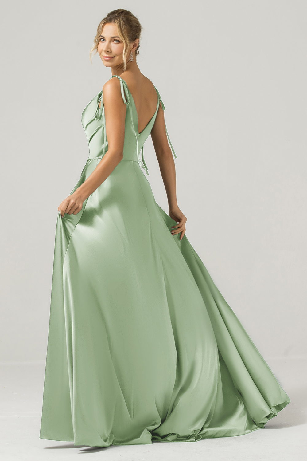 Dark Green A-Line Spaghetti Straps Satin Long Bridesmaid Dress With Slit