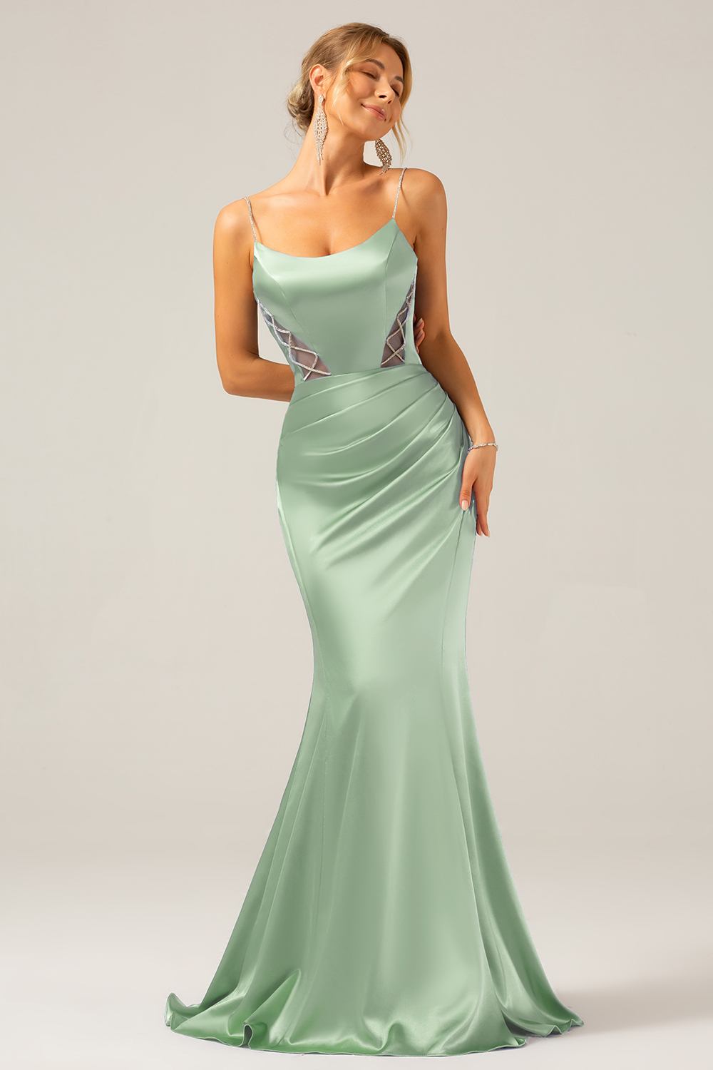 Grey Blue Mermaid Satin Spaghetti Straps Long Bridesmaid Dress