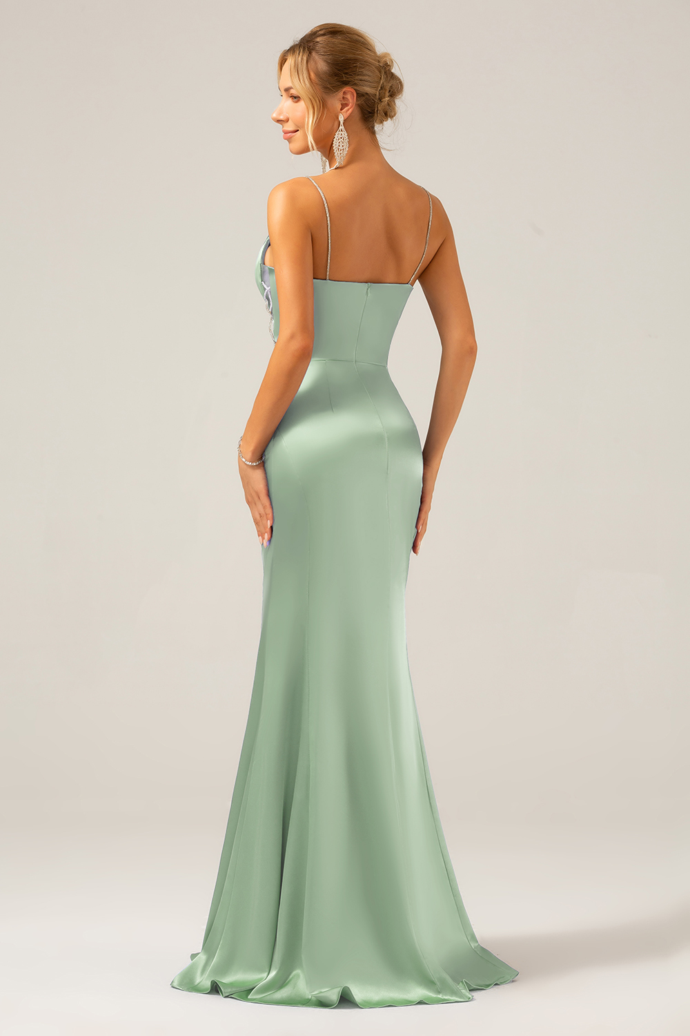 Grey Blue Mermaid Satin Spaghetti Straps Long Bridesmaid Dress